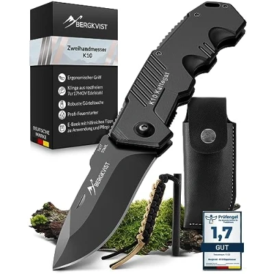 Afbeelding van BERGKVIST K10 inklapbaar zakmes (ambidextrie) voor kamperen, jagen of survival met zwart roestvrijstalen mes, slijpsteen en riemtas