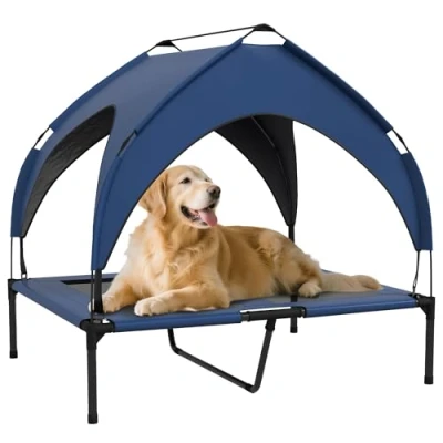Afbeelding van PawHut Verhoogd hondenbed met luifel, buitenbed dak, ademend, voor grote honden, donkerblauw, Oxford, 91 x 76 89 cm
