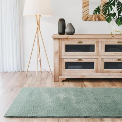 Afbeelding van Interiyou Fargo hoogpolig tapijt 80 x 250 cm groen pluizig kunstbont wasbaar antislip zacht