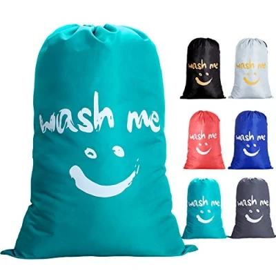 Afbeelding van IHOMAGIC Grote waszak, opvouwbaar, opbergtas met nylon touw, 120 g, licht, draagbaar, voor vuile kleding, deken, 60 80 liter, in slaapkamer, hotel, slaapzaal, 61 x 92 cm, blauw, glimlach