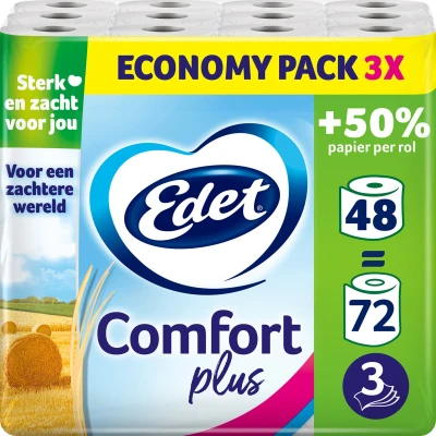Afbeelding van Edet Comfort Plus Toiletpapier 3 laags 48 maxi rollen = 72 voordeelverpakking