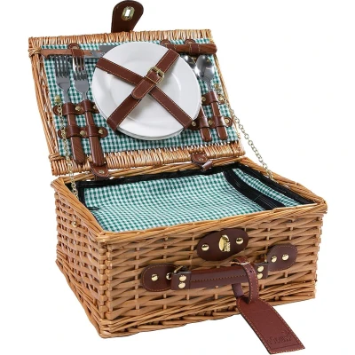 Afbeelding van Handgemaakte picknickmand voor 2 personen met koelvak, multifunctioneel mes, roestvrijstalen bestek, porseleinen borden en wijnglazen GROENTE