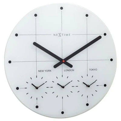 Afbeelding van Wereldtijden klok Stille wandklok 43cm Wit Glazen NeXtime Big City