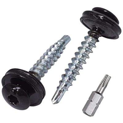 Afbeelding van SKIR&#039;CO 150 stuks metalen dakschroeven 4,8 x 35 mm, zelfborende schroeven gelakt met EPDM schijven, torx kop (diepzwart RAL 9005)