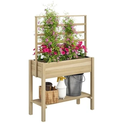 Afbeelding van Outsunny Plantenbak op poten, vierkante moestuin met latwerk, drainagegaten en onderste plank, verhoogde van hout voor bloemen, 88 x 37 137 cm, natuurlijk
