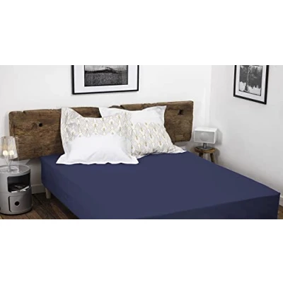 Image de HOME LINGE PASSION, Drap Housse Bleu Fonce 180x200 +35 cm 100% Coton 57 Fils (Label Oeko TEX)