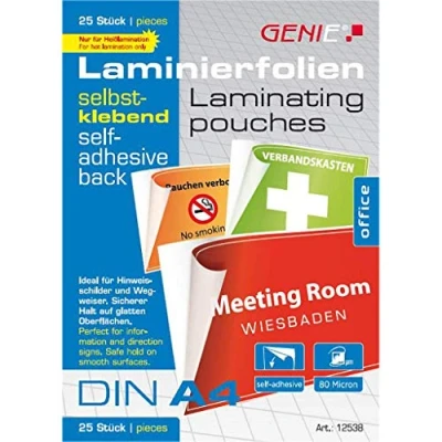 Afbeelding van Genie 12538 lamineerfolie DIN A4 met glanzende zelfklevende achterkant, transparant, foliedikte 80 micron, geschikt voor alle hete lamineerapparaten