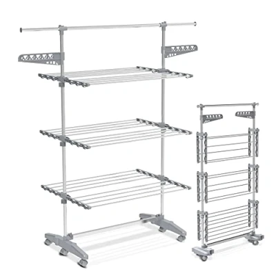 Image de VOUNOT® Séchoir à Linge Pliable avec roulettes Grande Capacité Etendoir en Acier Inoxydable Ailes Pliables sur 3 Niveaux 23m de Séchage pour Usage Intérieur/Extérieur