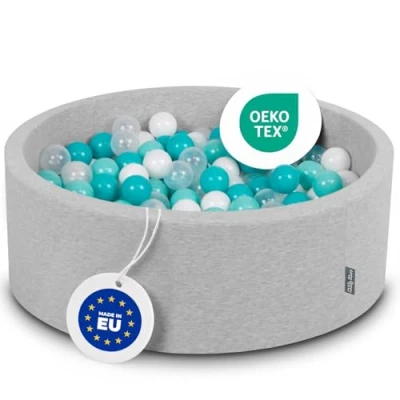 Afbeelding van KiddyMoon 90 x 30 cm/200 ballen, diameter 7 cm, rond, gemaakt in de EU, lichtgrijs: turquoise. helder, wit, transparant,