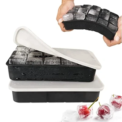 Afbeelding van Set van 2 vierkante siliconen ijsblokjesbakjes met deksel, 15 vakken, 3 cm, voor whisky, cocktails, zwart