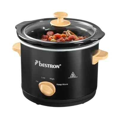 Afbeelding van Bestron Slowcooker, met 3 programma&#039;s, keramische pan &amp; glazen deksel, voor 2 Personen, 1.5L capaciteit, vatwasserveilig, 120 Watt, Black Wood Collection, Kleur: Zwart/Hout