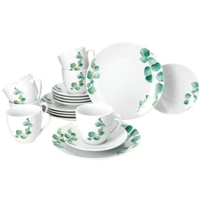 Afbeelding van MamboCat Eucalyptus koffieservies, 18 delig, wit porselein met groene plantendecoratie, voor 6 personen, kopjes van elk 180 ml, schotels en taartborden, servies