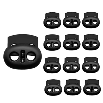 Afbeelding van TrySalar 12 stuks ovale kunststof blokkers met veer dubbel gat voor trekkoord, veters, rugzakken, paracord, handwerk, kamperen, wandelen of koorden (12), zwart, 24 x 21 mm, zwart.