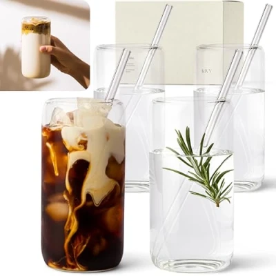 Afbeelding van KIVY Set van 4 drinkglazen met rietje [4 x 450 ml] voor ijskoffie, water en cocktails ijskoffieglazen koffieglazen matchaglas