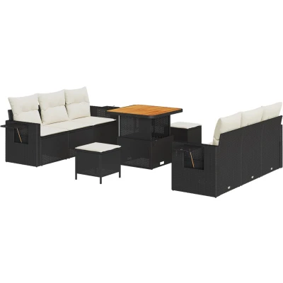 Afbeelding van vidaXL 9 delige tuinsofa set met kussens zwart poly rattan acacia