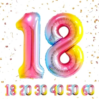 Afbeelding van Ballonnen verjaardag 18e regenboog 101 cm ballon nummer 18 opblaasbare folie decoratie man vrouw vliegen met helium