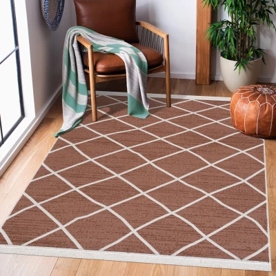 Afbeelding van Boho Kelim Dubbelzijdig Wasbaar Vloerkleed Koper Creme Rechthoek Katoen 80x150 cm