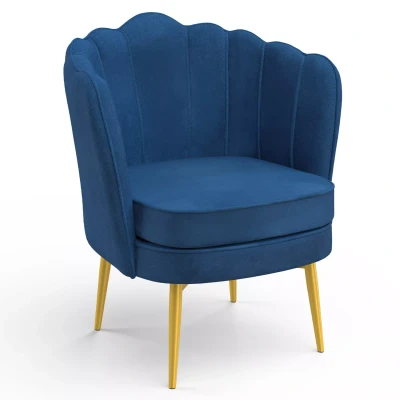 Afbeelding van Fauteuil coquillage ADELLA bleu nuit en velours pieds dorés