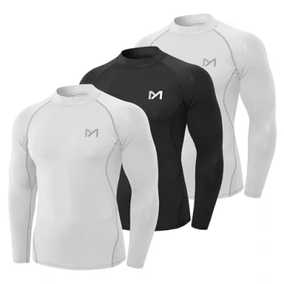 Image de MEETYOO T shirt de compression à manches longues pour homme, course pied, gym, cyclisme, blanc + noir, M