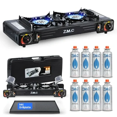 Afbeelding van Z.M.C Hoogwaardig campinggasfornuis met 2 pitten + kookplaat 45 x 24 cm 8 gaspatronen van 227 g, campingkooktoestel ontstekingsbeveiliging voor binnen en buiten