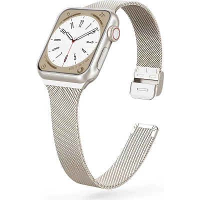 Afbeelding van Apple Watch Milanese slim fit bandje Starlight / Sterrenlicht Geschikt voor 38mm 40mm 41mm