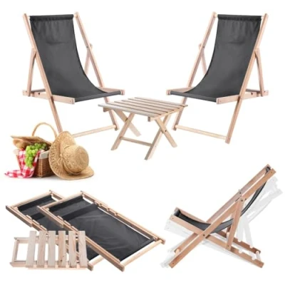 Afbeelding van KADAX Klaptafel met 2 ligstoelen, kleine houten tuintafel, bijzettafel voor balkon en tuin, salontafel, opvouwbare balkontafel (donkergrijs)