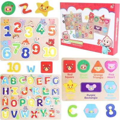 Afbeelding van Toyland® Cocomelon Set van 3 houten puzzels met geperforeerd paneel, leerpuzzels voor kinderen, speelgoed peuters, leeftijd 18 m +