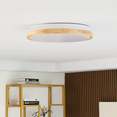 Afbeelding van Lindby LED plafondlamp met dimmer 1licht Ijzer, PMMA, rubberhout H: 9 cm licht hout, wit Inclusief lichtbron
