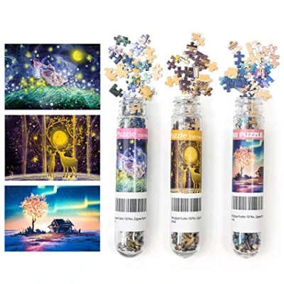 Afbeelding van LUUFAN 3 pack mini legpuzzels 150 stuks voor volwassenen, kleine legpuzzel 6 x 4 inch entertainmentspeelgoed huisdecoratie (nachtelijke hemel, eland, poolindruk)