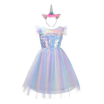 Afbeelding van Lito Angels Disguise Prinsessenjurk Eenhoorn Kinderen, Meisjes, met Hoofdband, Maat 5 6 jaar, Regenboogblauw (stoffen label 130)