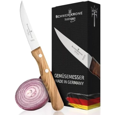 Afbeelding van Schwertkrone Solingen Premium Keukenmes 3 Inch, Scherp Fruit en Groentemes met Olijfhouten Handvat, Duurzaam RVS