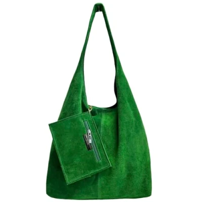 Afbeelding van Modarno schoudertas voor dames, suède, schoudertas, echt leer, Emerald Groen