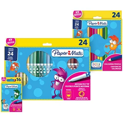 Afbeelding van Paper Mate Kleurpotloden, viltstiften en pastelpotloden, ideaal voor kinderen kleuren, heldere verschillende 64 stuks