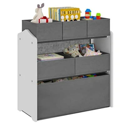Afbeelding van Lestarain Opbergkast voor kinderkamer met 3 etages, 6 afneembare dozen, wit rek van MDF, speelgoedkisten, grijs, vlies, kinderkamer, school, 63 x 30 60 cm