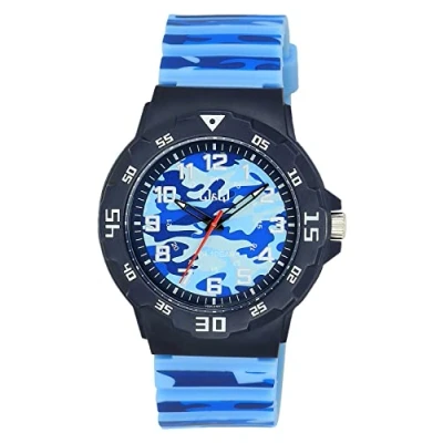 Afbeelding van Q&amp;Q Horloge Jongens Mannen Waterdicht 10BAR Zwemmen/Sporten Rubber band 43MM Zwart/Blauw