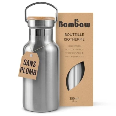 Afbeelding van Bambaw® 350ml RVS Thermosfles Dubbelwandig, Milieuvriendelijk, Lekvrijen, loodvrij en Plasticvrij Geïsoleerde Fles met Bamboe Deksel voor Warme Koude Dranken Ideaal Reizen, Werk, Yoga, Wandelen Dagelijks Gebruik zilver