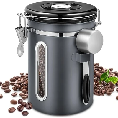 Afbeelding van NCKIHRKK Luchtdichte koffiepot van roestvrij staal, met maatlepel, CO2 ventiel en datumwijzerplaat, voor koffiebonen, gemalen koffie, noten, suiker, granen, 1,8 l, grijs
