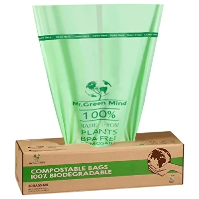 Afbeelding van Biozakken 50/60 liter 60 stuks biologisch afbreekbare afvalzakken 60x80 cm 100% composteerbare vuilniszakken Incl. dispenser gft