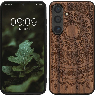Afbeelding van kwmobile telefoonhoesje geschikt voorSamsung Galaxy S25 Hoesje met bumper hout In donkerbruin Indian Sun design