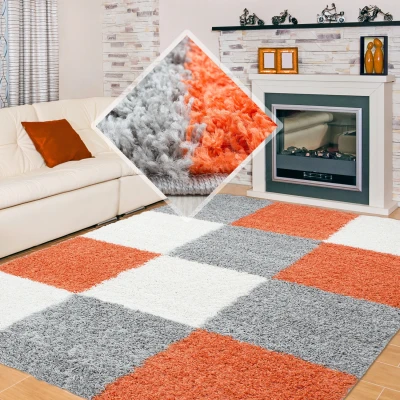 Afbeelding van Basic Shaggy Geblokt vloerkleed Oranje / Grijs Hoogpolig 200x290 cm