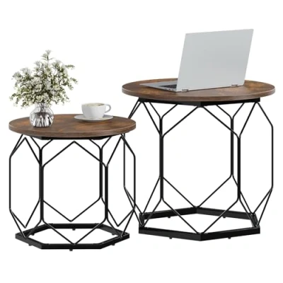 Afbeelding van WOLTU BTS05vbn Set van 2 ronde woonkamertafels hout en metaal, salontafels met afneembaar blad, voor woonkamer, slaapkamer, rustiek bruin