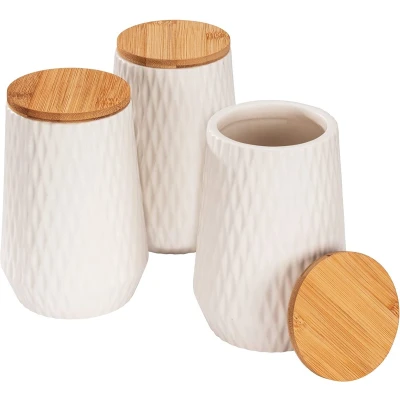 Afbeelding van Voorraadpot Diamond, moderne set van 3 keramische potten met bamboe deksel en elegante diamantstructuur voor in de keuken of elders huis, elk een inhoud 0,6 liter, wit/bruin