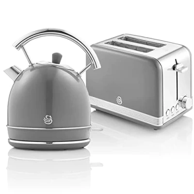 Image de Retro Set Petit Déjeuner Bouilloire 18L Sans fil Grille Pain 2 Larges Tranches SWAN STP7050GRNEU 850 Gris