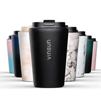 Afbeelding van Vinsun thermosbeker van roestvrij staal, 350 ml, zwart, voor koffie en thee met deksel, geïsoleerd, lekvrij, BPA vrij, beker om mee te nemen (reizen, auto, werk)