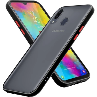 Afbeelding van Cadorabo Hoesje geschikt voor Samsung Galaxy M20 in Mat Zwart Rode Knopen Hybride beschermhoes met TPU siliconen Case Cover binnenkant en matte plastic achterkant