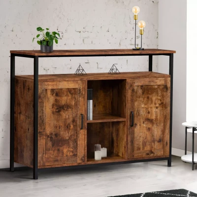 Afbeelding van Buffet 2 portes DAYTON avec étagères effet vieilli design industriel 100 cm