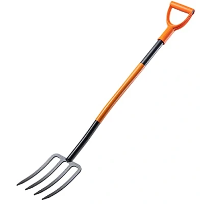 Afbeelding van KADAX Stalen spadevork, vork met D handvat, begrafenisvork om te graven en los maken, ergonomische tuinkracht, hooivork, tuinvork (4 tanden, zwart/oranje)