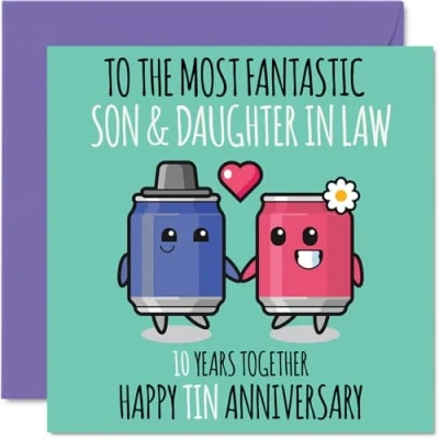 Afbeelding van Schattige trouwverjaardagskaart van tin voor zoon en schoondochter 10 jaar samen wenskaarten 10e huwelijksverjaardag schoondochter, zoon, 145 mm x
