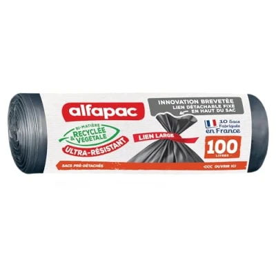 Image de ALFAPAC Sacs Poubelle à Lien Large Ultra Résistant 74% Recyclé et 15% Végétal Fabrication Française 10 x 100L