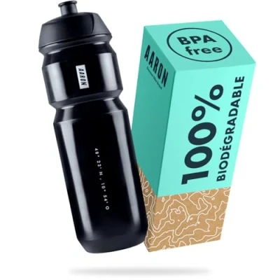 Afbeelding van AARON Eco Drinkfles, 100% biologisch afbreekbaar, 750 ml, licht en lekvrij, praktische BPA vrije waterfles voor sport, fitness, wandelen, outdoor in zwart